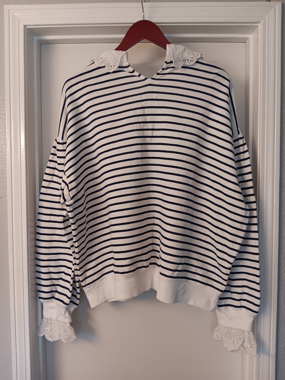 J.Crew White & Navy Striped Sweatshirt with Lace Collar - Picture 2 of 10